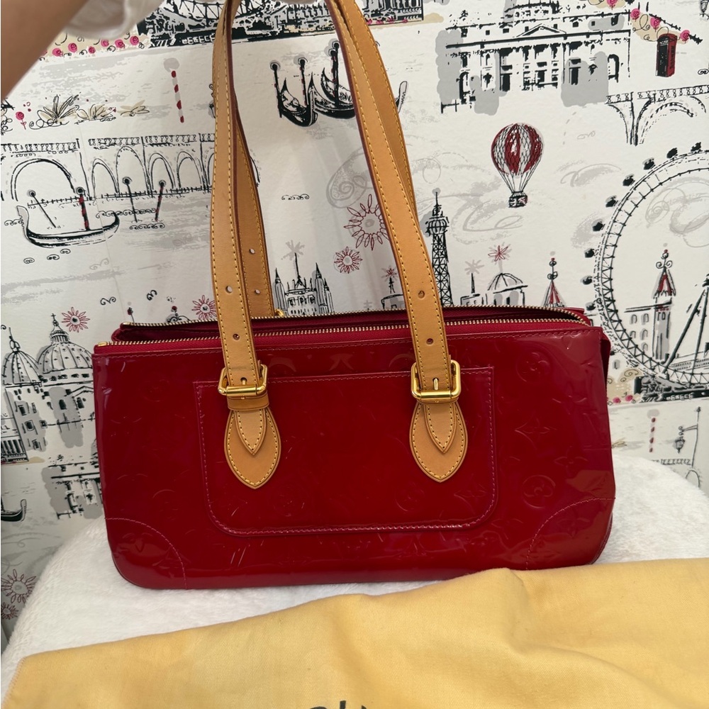 LV ROSEWOOD AVENUE Red Patent Leather Shoulder Bag with Tan Straps